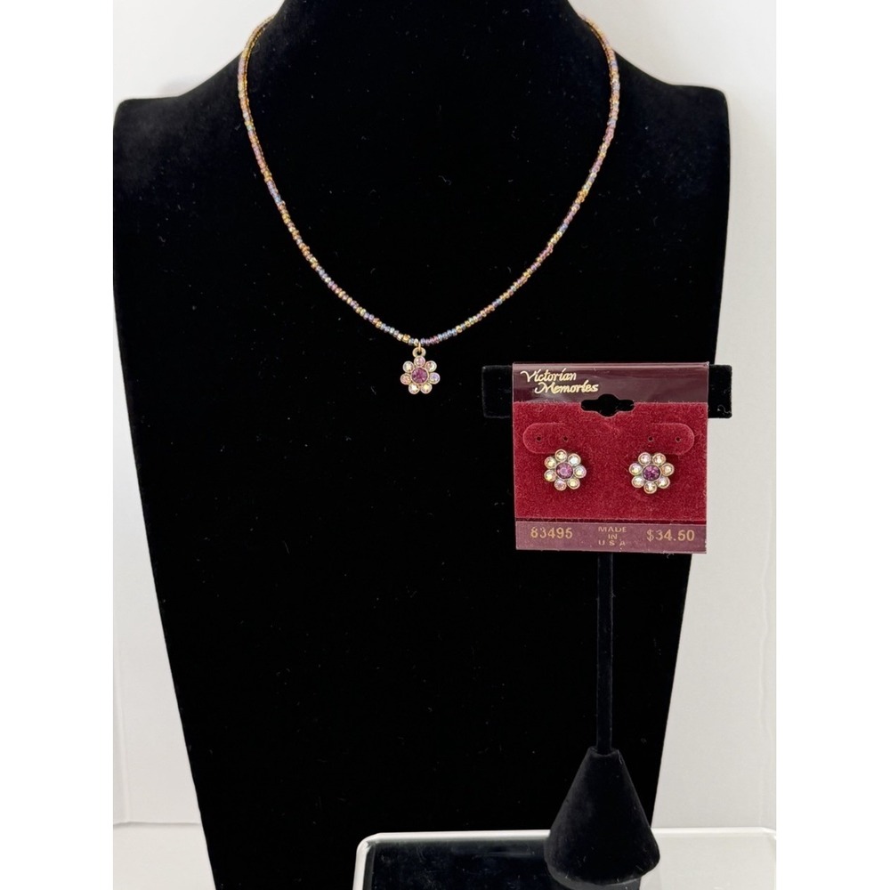 1928 Brand Victorian Memories Necklace & Stud Earrings Set AB Flower Dainty